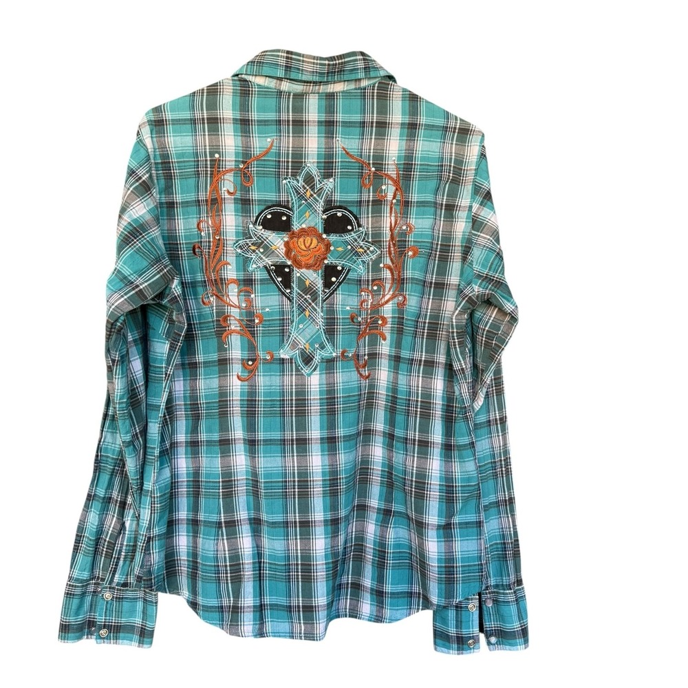 Pink Cattlelac Shirt Womens XL Green Embroidered Cross Rhinestone Western Top